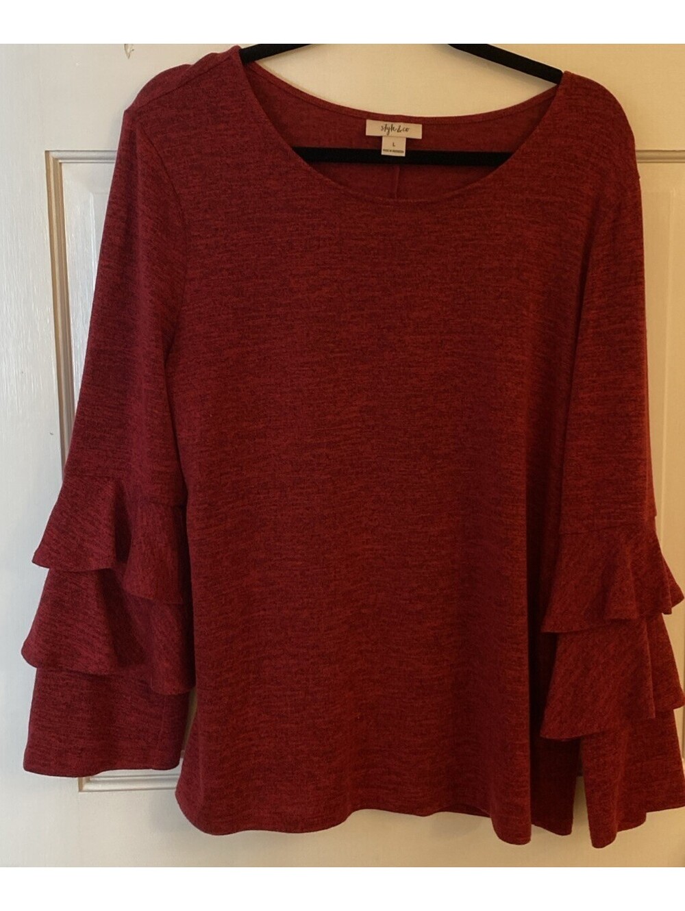 Style & Co Canyon Holiday Red Tiered Ruffle Sleeve Knit Shirt Top Size Large